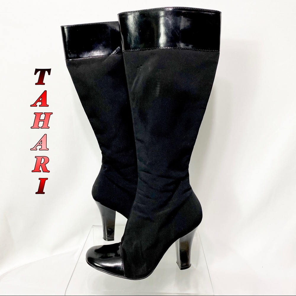 Tahari-Black Fabric Upper Tall Heel Boot 7.5